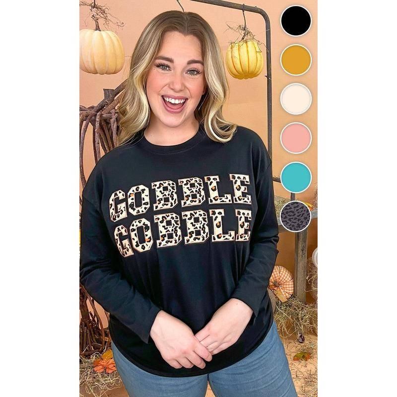 Leopard Ideal Chenille Gobble Gobble Graphic Boyfriend Long Sleeve T-Shirt Hoodie, Sweatshirt | TeeBloomCo.com