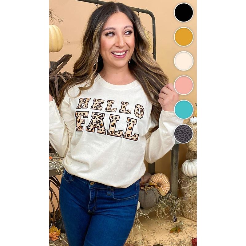 Leopard Ideal Chenille Hello Fall Graphic Boyfriend Long Sleeve T-Shirt Hoodie, Sweatshirt | TeeBloomCo.com