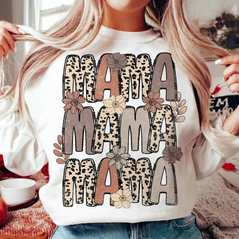 Leopard Mama Flower Crewneck Shirt, Retro Mama Shirt, Mama Groovy Boho Tee, Mother's Day Gift Hoodie, Sweatshirt