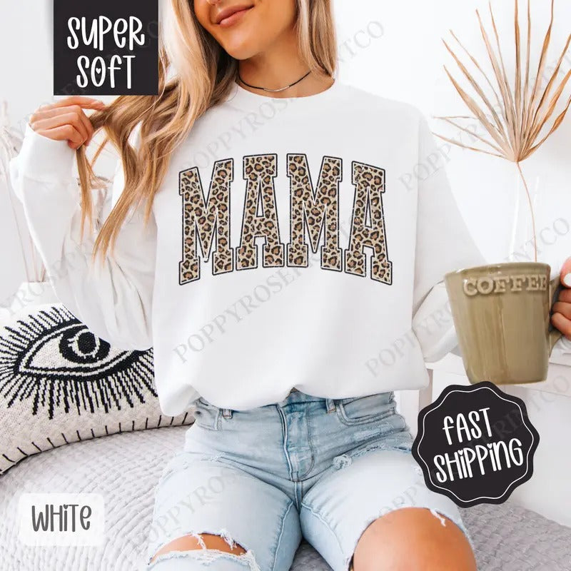 Leopard Mama Sweatshirt, Trendy Mom Crewneck, Cute Women's Sweater T-Shirts, Hoodie | TeeBloomCo.com