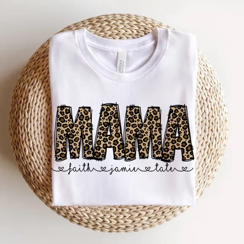 Leopard Print Mama Shirt, Leopard Print Mama Shirt, Mama Shirt With Editable Kids Names, Animal Print Mom Design Hoodie,...