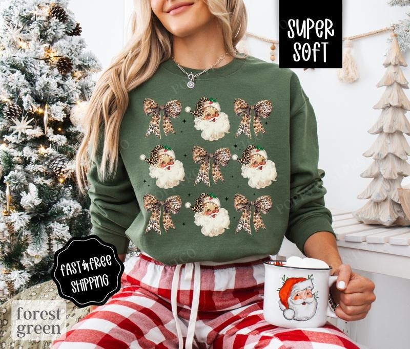 Leopard Santa Christmas Sweatshirt, Christmas Boots Sweater, Women's Holiday Crewneck T-Shirts, Hoodie | TeeBloomCo.com