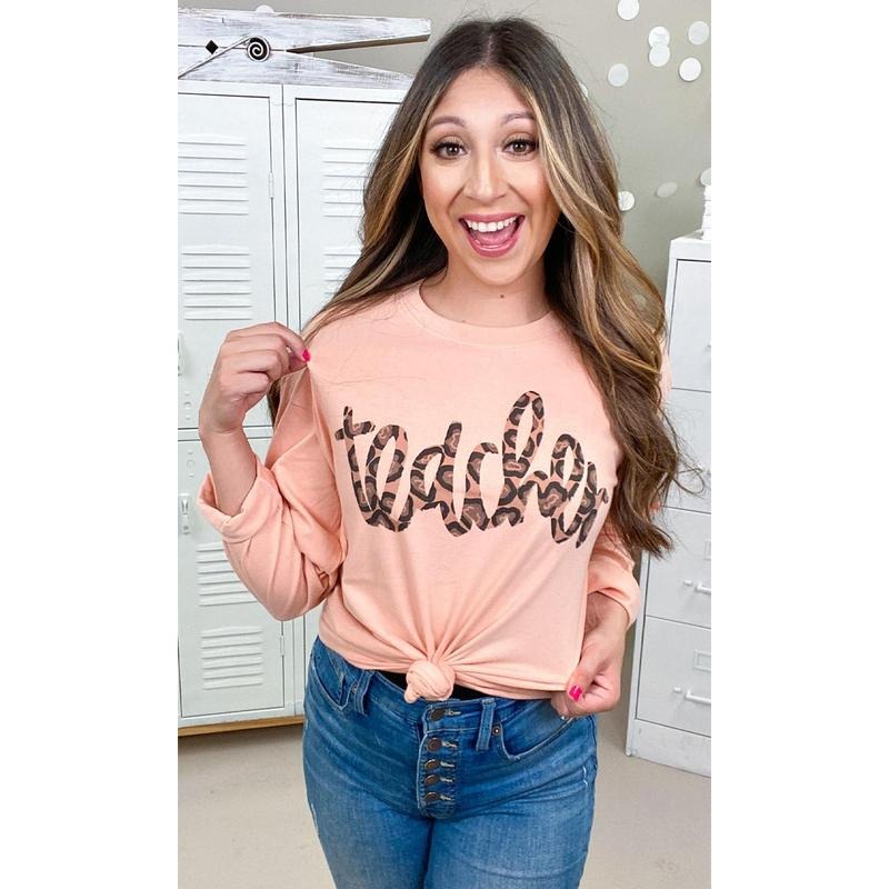 Leopard Script Teacher Graphic Boyfriend Long Sleeve T-Shirt Hoodie, Sweatshirt | TeeBloomCo.com