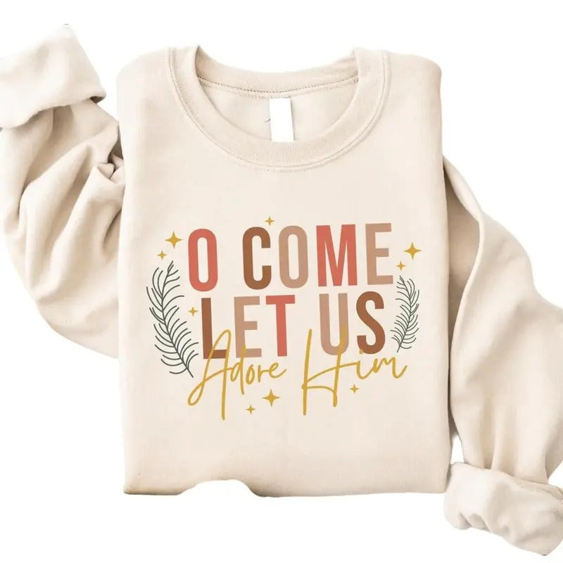 Let Us Adore Him Christmas Sweater, Christian Nativity Shirt, Religious Holiday Gift, Faith Family Cotton Crewneck...