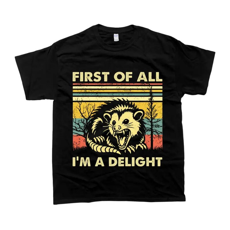 Letter  Skunk Print Crew Neck T-shirt First Of All I'm A Delight Top Hoodie, Sweatshirt | TeeBloomCo.com