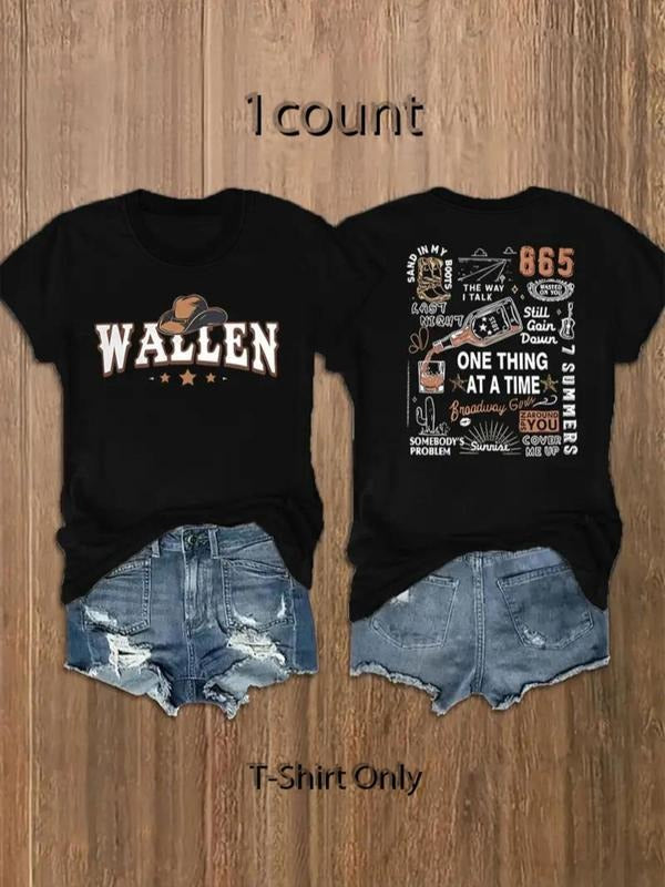 Women's Plain/Letter Print Round Neck Tee, Casual Graphic Short Sleeve T-shirt For Daily Wear, Ladies Summer Outfit...