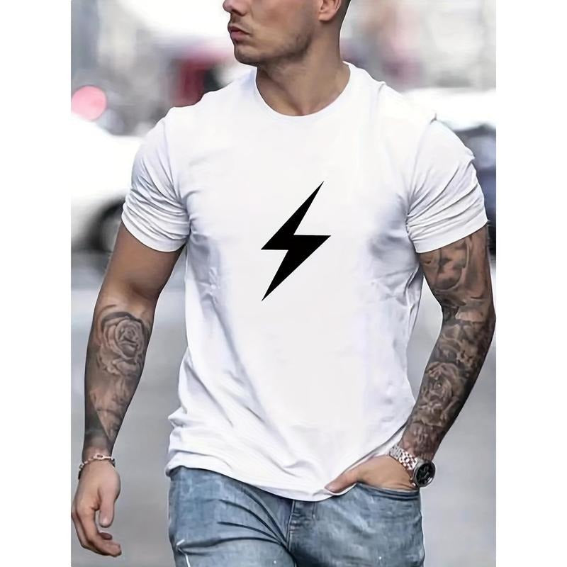 Lightning Graphic Print Men's Creative Top, Casual Short Sleeve Crew Neck T-shirt, Men's Clothing For Summer Outdoor Made...