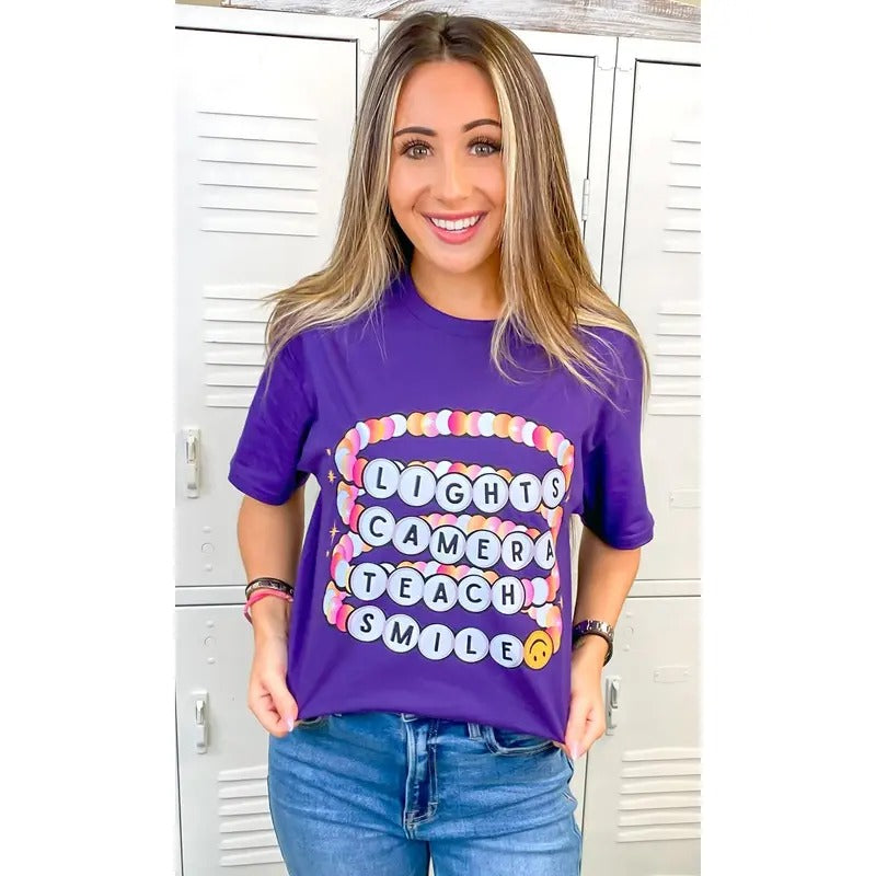 Lights Camera Teach Smile Purple Graphic T-Shirt Hoodie, Sweatshirt | TeeBloomCo.com