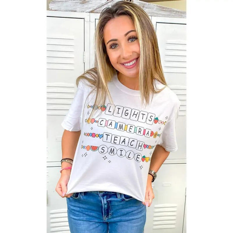 Lights Camera Teach Smile White Graphic T-Shirt Hoodie, Sweatshirt | TeeBloomCo.com