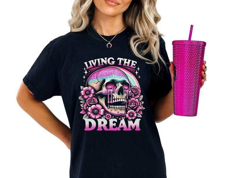 Living The Dream Women's Top, Unisex Skeleton T-Shirt, Comfortable Women's Graphic Shirt, Goth Inspired Shirts for Women...