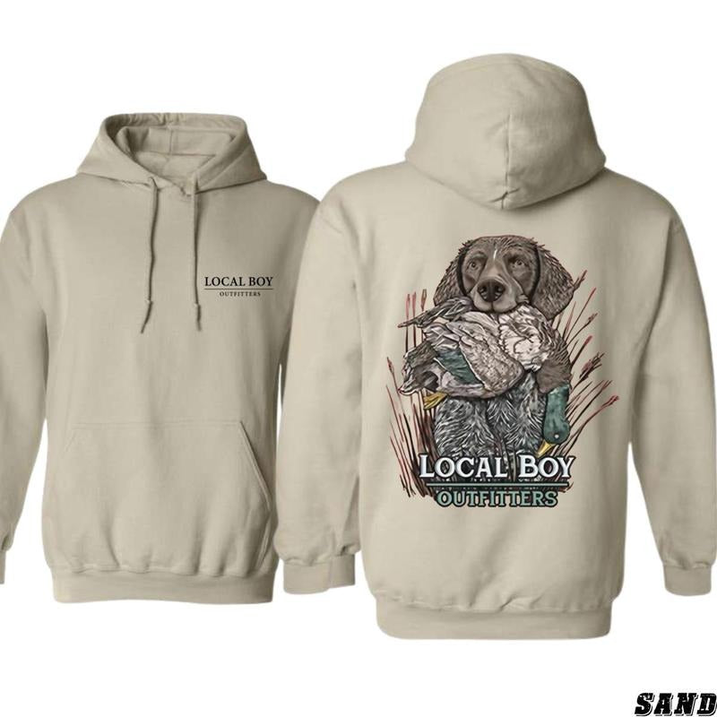 Local Boy Outfitters Hoodie Sweatshirt T-shirt, Bold Hunting Dog with Duck Design, Ideal for Waterfowl Hunters and...