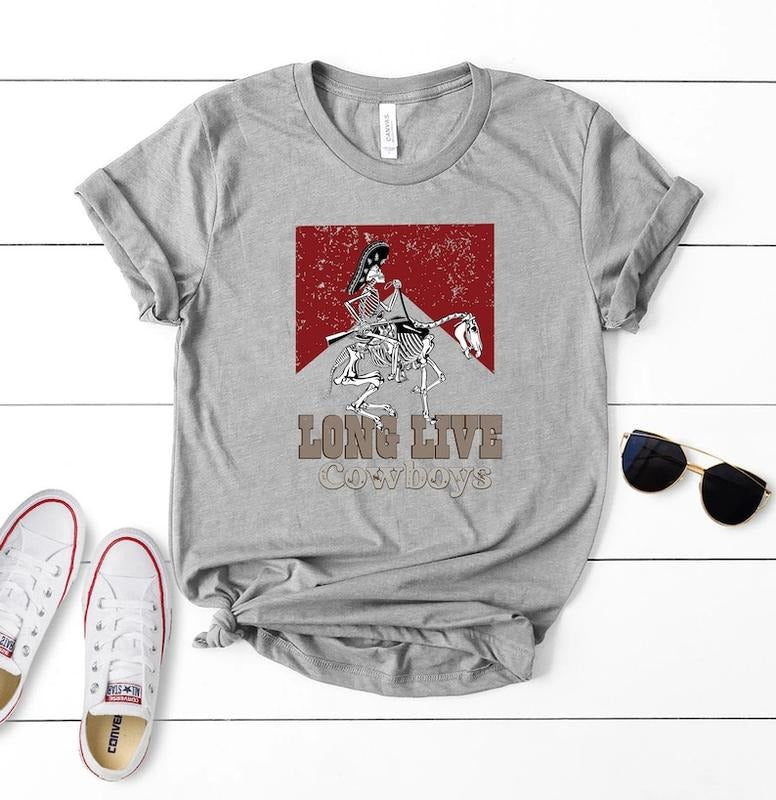 Long Live Cowboy T-shirt - Gray Cotton with Skeleton Design, Casual Summer Wear for Women Hoodie, Sweatshirt | TeeBloomCo.com