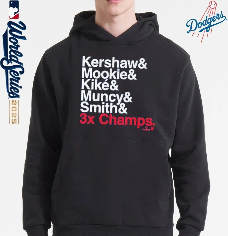 Los Angeles Dodgers Kershaw and Moolie Kike Muncy and Smith Ampersand 3-Time Champs T-Shirt