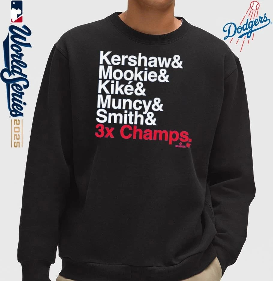 Los Angeles Dodgers Kershaw and Moolie Kike Muncy and Smith Ampersand 3-Time Champs T-Shirt