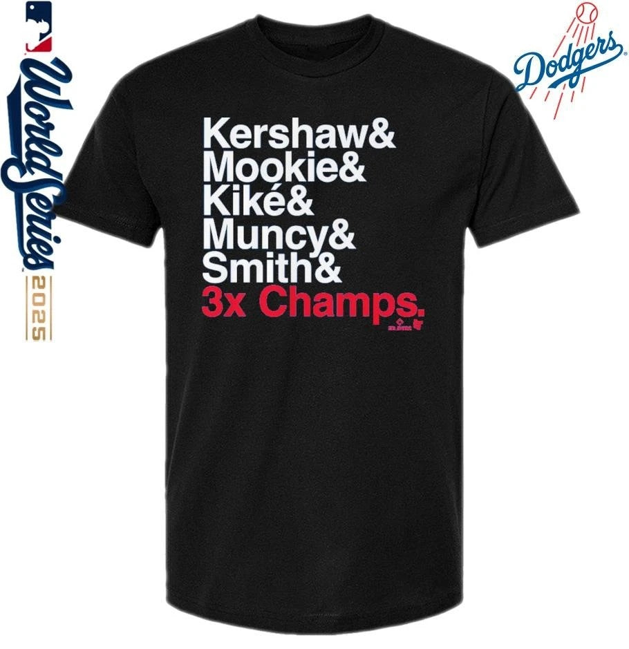 Los Angeles Dodgers Kershaw and Moolie Kike Muncy and Smith Ampersand 3-Time Champs T-Shirt