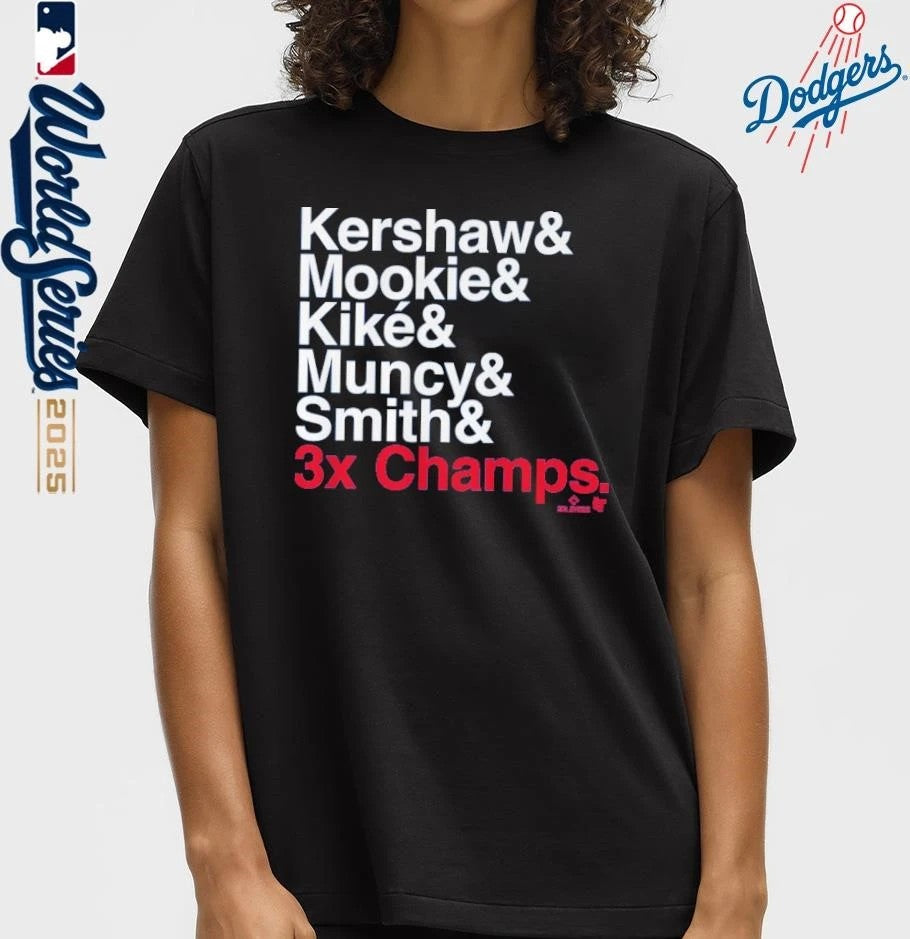 Los Angeles Dodgers Kershaw and Moolie Kike Muncy and Smith Ampersand 3-Time Champs T-Shirt
