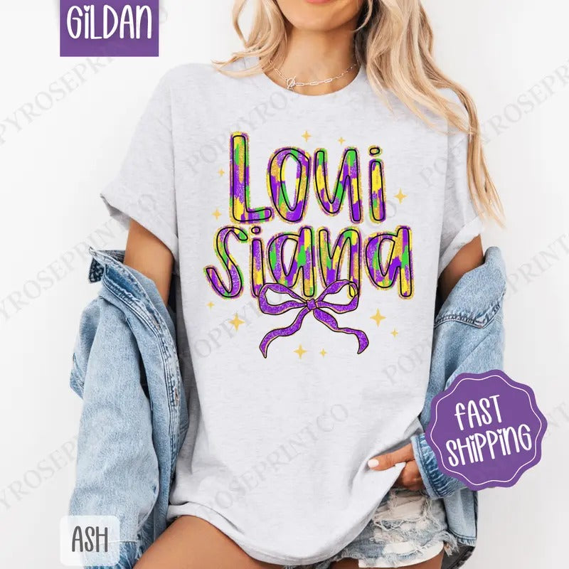 Louisiana Bow Shirt Gildan, Coquette Mardi Gras Bows Women's Tee, Holiday Women's Tshirt Plus Sizes Hoodie, Sweatshirt