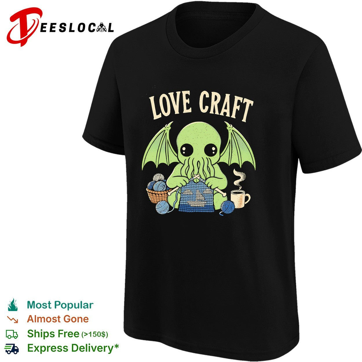 Love Craft Cthulhu Knitting Yarn Coffee Steam Parody Pop Culture Mythos Shirt