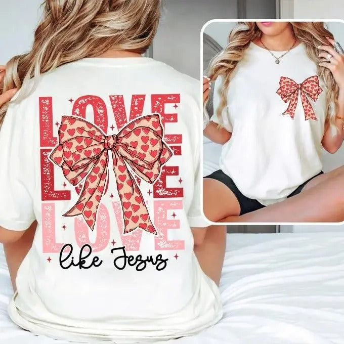 Love Like Jesus Coquette T-Shirt - Retro Heart Bow Christian Tee Hoodie, Sweatshirt | TeeBloomCo.com