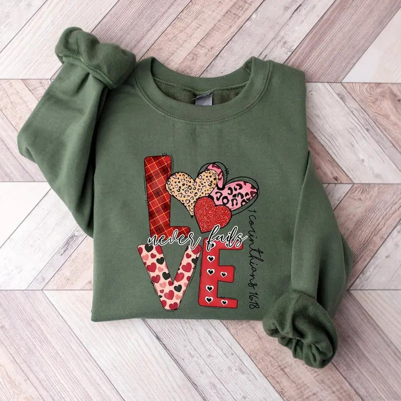 Love Never Fails Sweatshirt, Women Valentine Gift, Christian Shirts, Bible Verse Sweater, Faith and Cross Valentines Day...