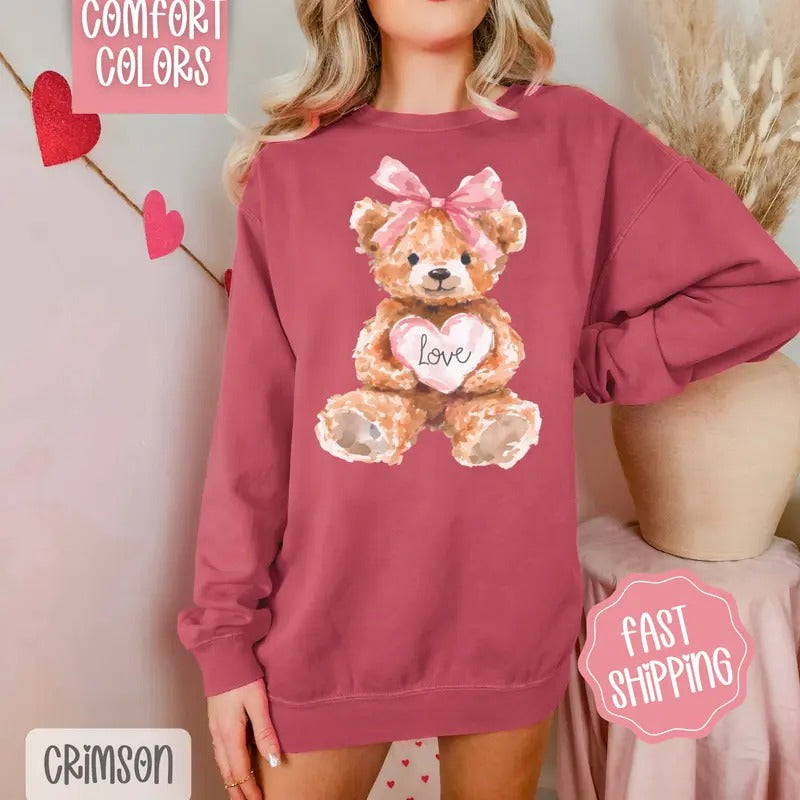 Love Teddy Bear Comfort Colors Sweatshirt, Valentine's Day Women's Crewneck, Holiday Women's Sweater T-Shirts, Hoodie