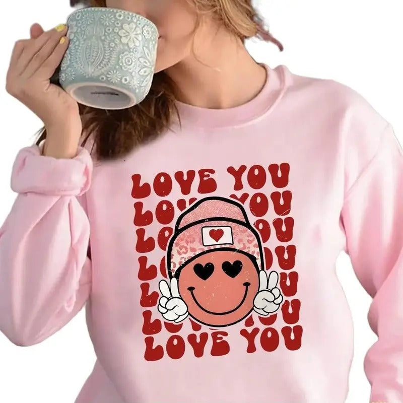 Love You Smiley Valentines Day Crewneck Sweatshirt, Hoodie, T-shirt | TeeBloomCo.com