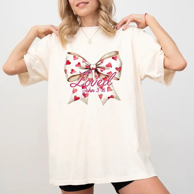 Loved John 3:16 Comfort Colors Shirt, Bible Verse Graphic Tee, Christian Coquette Bow Unisex Tees, Valentine's Day Women...