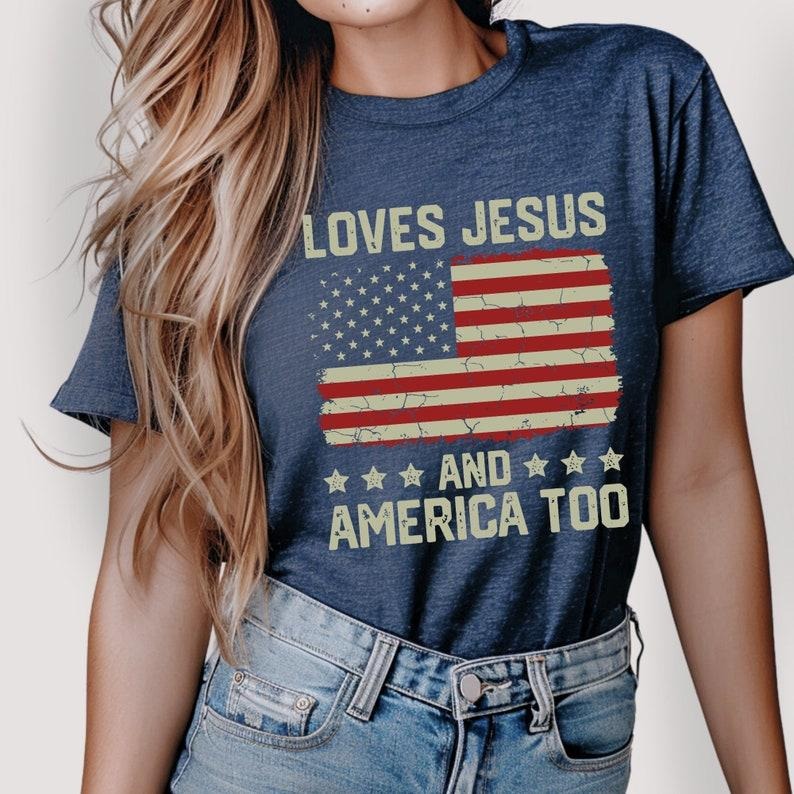 Loves Jesus and America Too t shirt Spiritual women tee Religions print tshirt Gifts for religious friends Love like...