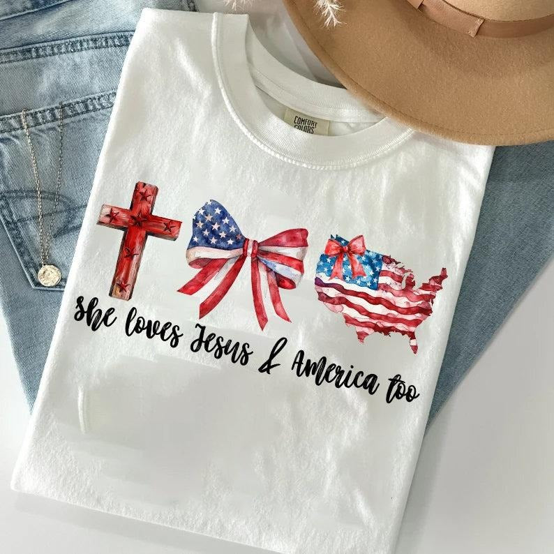 Loves Jesus and America Too, Coquette American Flag, Independence Day, Christian Cross, Freedom, Red White Blue Hoodie,...