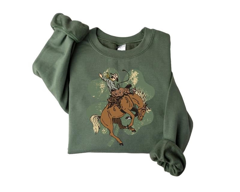 Lucky Bronc Horse Sweatshirt, Western St Patricks Day, Irish Gifts, Cowboy Sweatshirt For Women, St Patrick's Day...