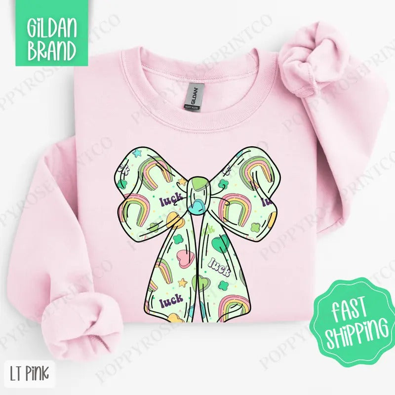 Lucky Charm Bow St Patrick Sweatshirt, St Patrick's Day Crewneck, Cute Women's Sweater T-Shirts, Hoodie | TeeBloomCo.com