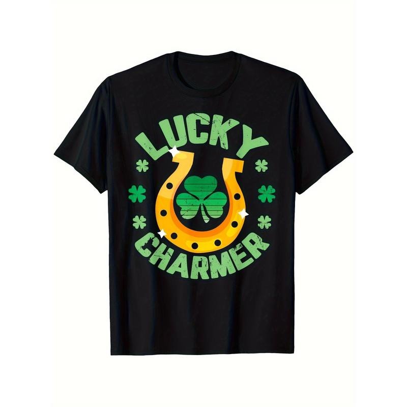 Lucky Charm St. Patrick's Day Men's T-Shirt - 100% Cotton, Crew Neck, Short Sleeve, Black with Green & White Shamrock &...