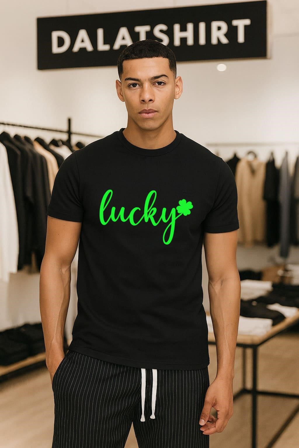Lucky Cursive Text With Green Shamrock Clover Leaf shirt