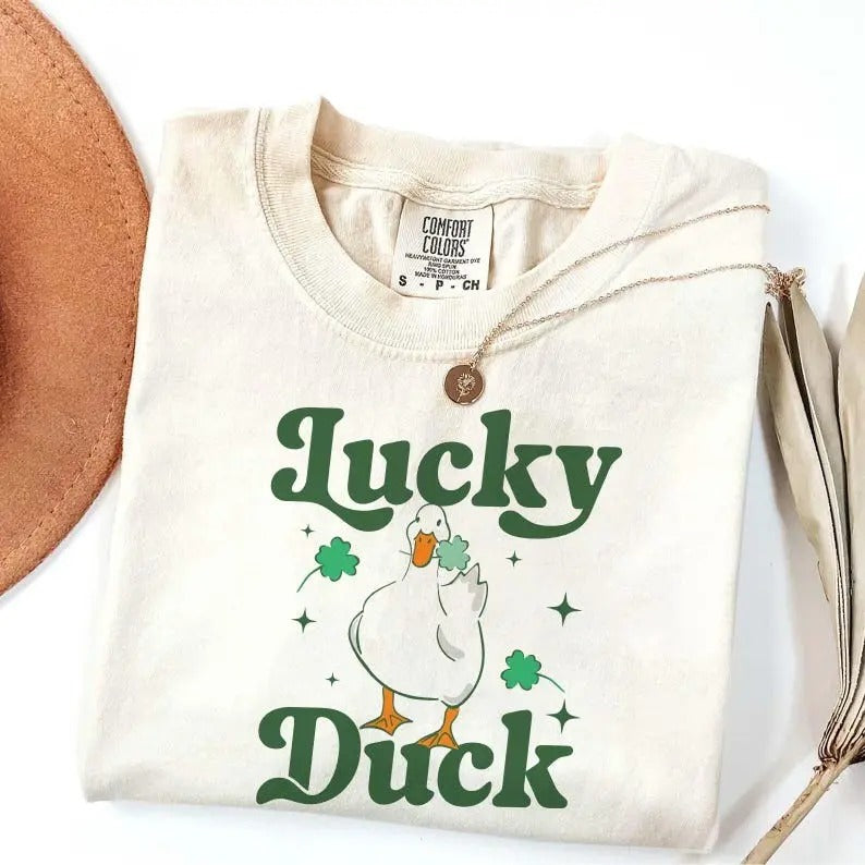 Lucky Duck St. Patrick Day Comfort Colors Shirt, Mallard and Shamrocks Tshirt, Shamrock and Duck Printed Paddys Day...