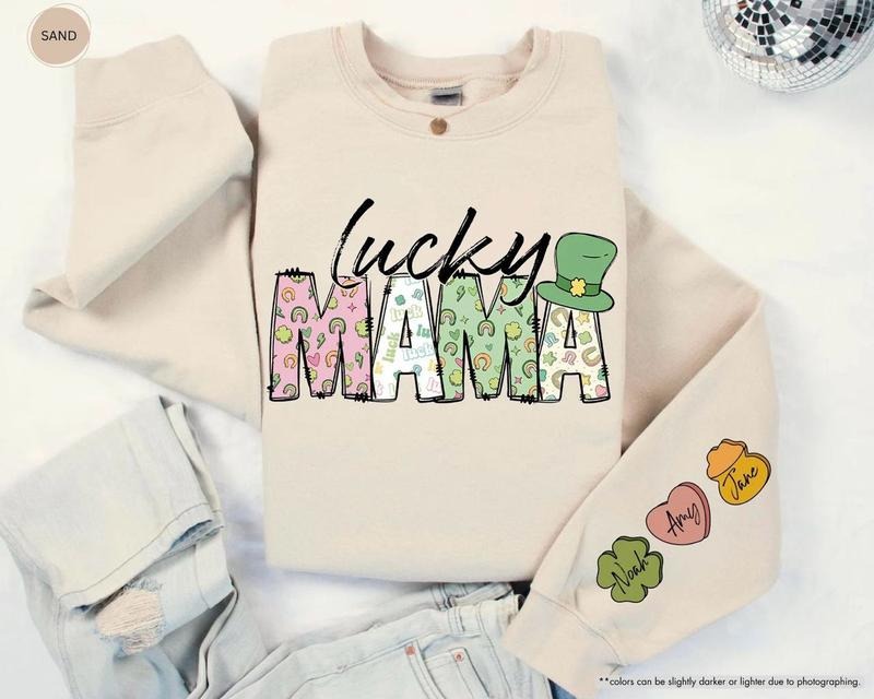 Lucky Mama Custom Sweatshirt, Lucky St Patrick's Day Hoodie, Irish Mom Shirt, Mama Sleeve Sweater, Shamrock, St Patty's...