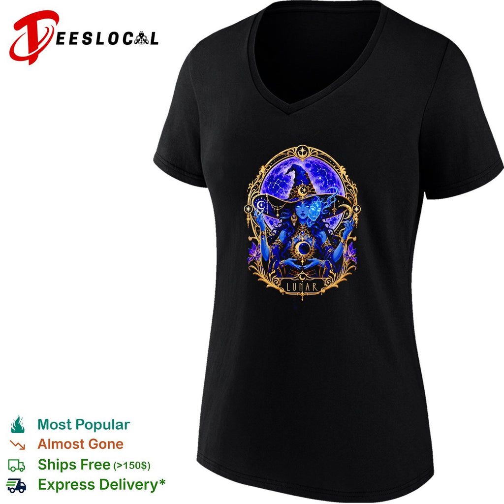 Lunar mystical witch moon goddess gold and purple illustration graphic shirt
