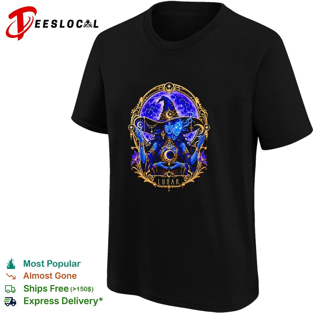 Lunar mystical witch moon goddess gold and purple illustration graphic shirt
