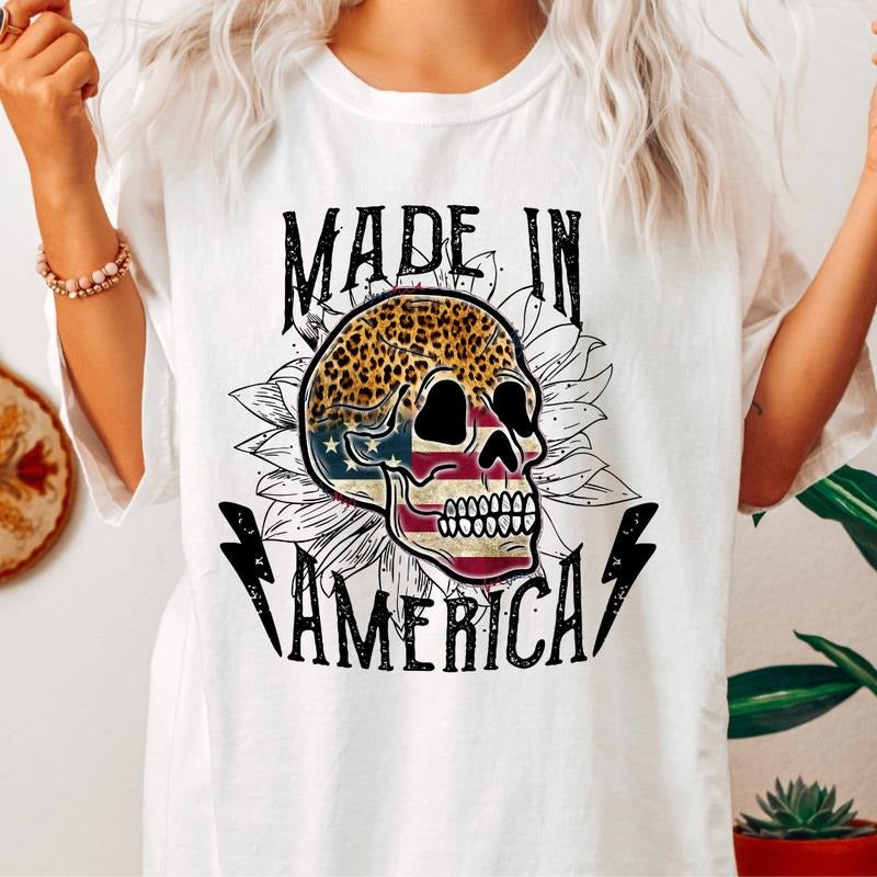 MADE IN AMERICA SKULL SHIRT, 4TH OF JULY SHIRT, JULY 4TH SHIRT UNISEX COTTON SHIRT, OVERSIZED HOLIDAY SUMMER SHIRT...