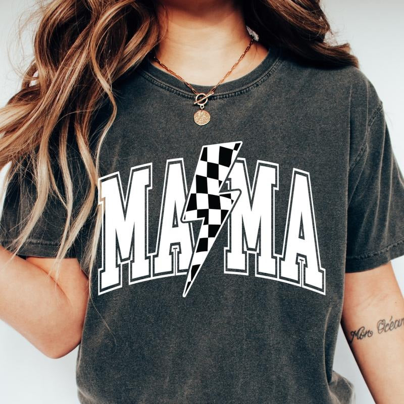 MAMA BOLT CHECKERED SHIRT, COMFORT COLORS CASUAL COTTON T-SHIRT FOR MOMS Fabric Top Hoodie, Sweatshirt | TeeBloomCo.com