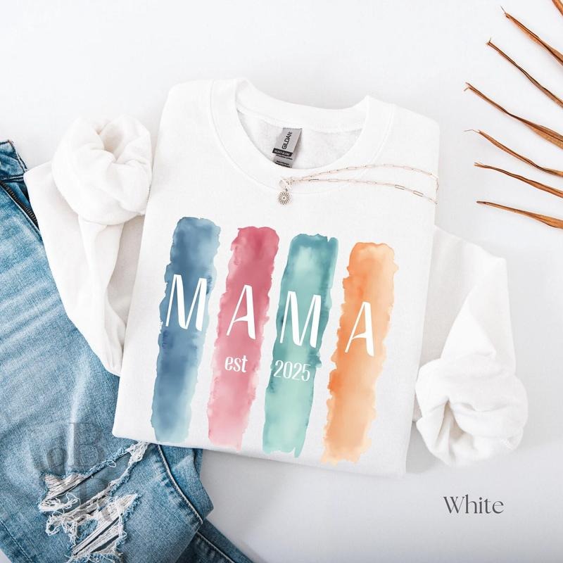 MAMA Est. 2025 Sweatshirt, Watercolor Brushstroke Mom Crewneck, New Mom Gift, Neutral Aesthetic Mother's Day Sweater,...