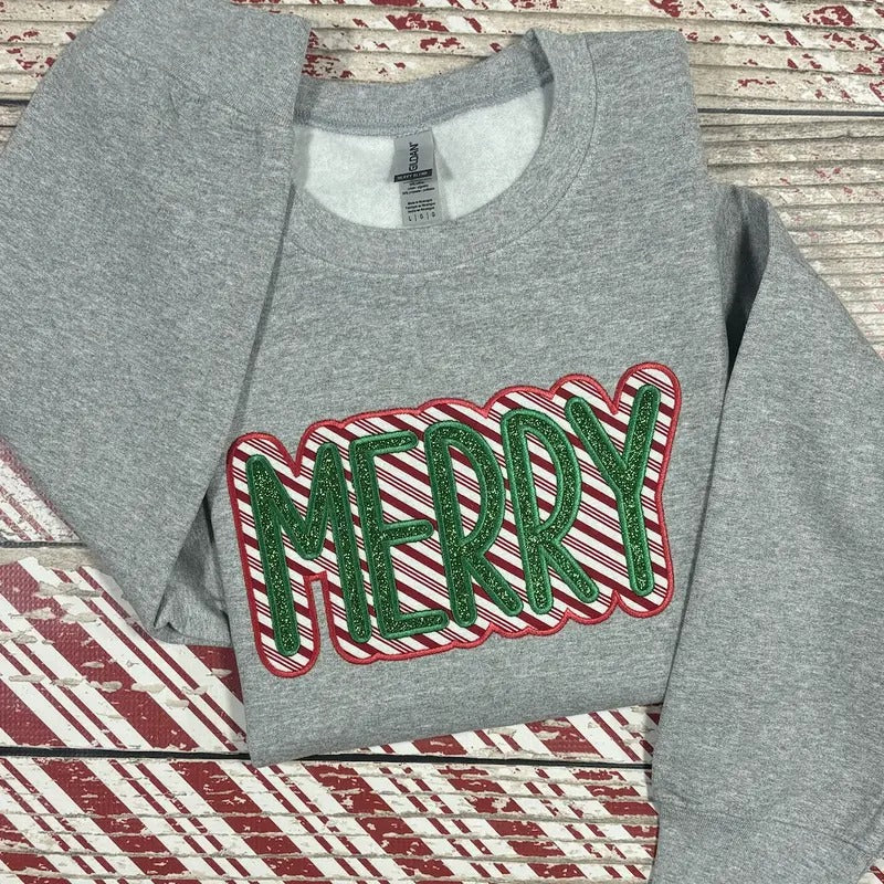 MERRY Candy Cane Glitter Christmas Embroidered Crewneck Sweatshirt T-Shirts, Hoodie | TeeBloomCo.com