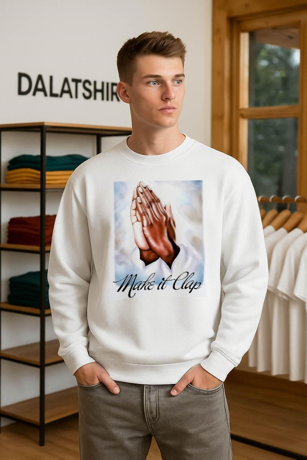 Make It Clap praying hands in sky shirt