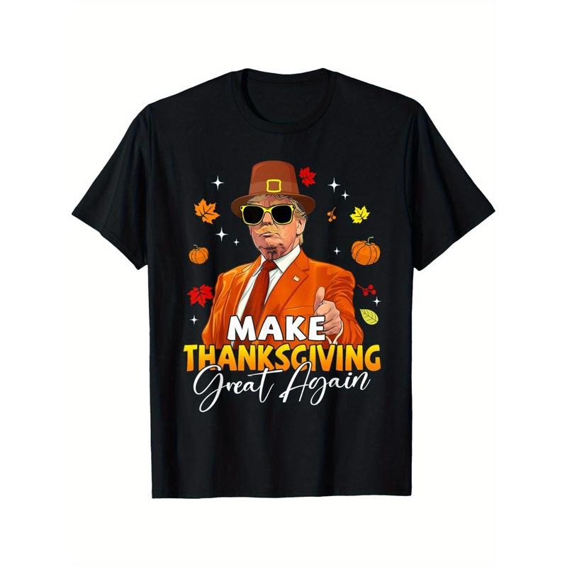 Make Thanksgiving Great Again" Funny Trump & Autumn Leaves Graphic Tee - Soft Cotton, Casual Round Neck T-Shirt for Men,...