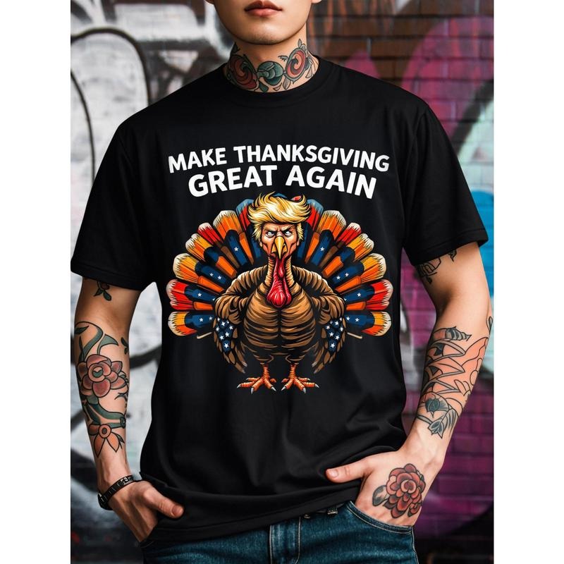 Make Thanksgiving Great Again" Trump Turkey Graphic Tee - 100% Cotton, Comfort Fit Crew Neck T-Shirt for Men