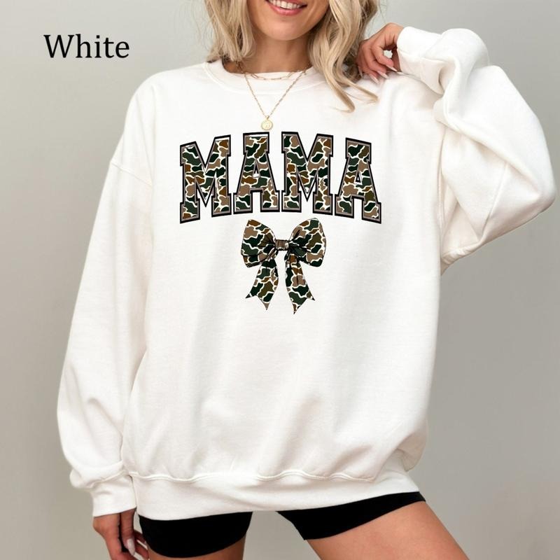 Mama Camo Bow Sweatshirt, Retro Camo Mama Shirt, Trendy Coquette Bow, Duck Hunting Mom Gift, Cozy Fleece Sweatshirt,...