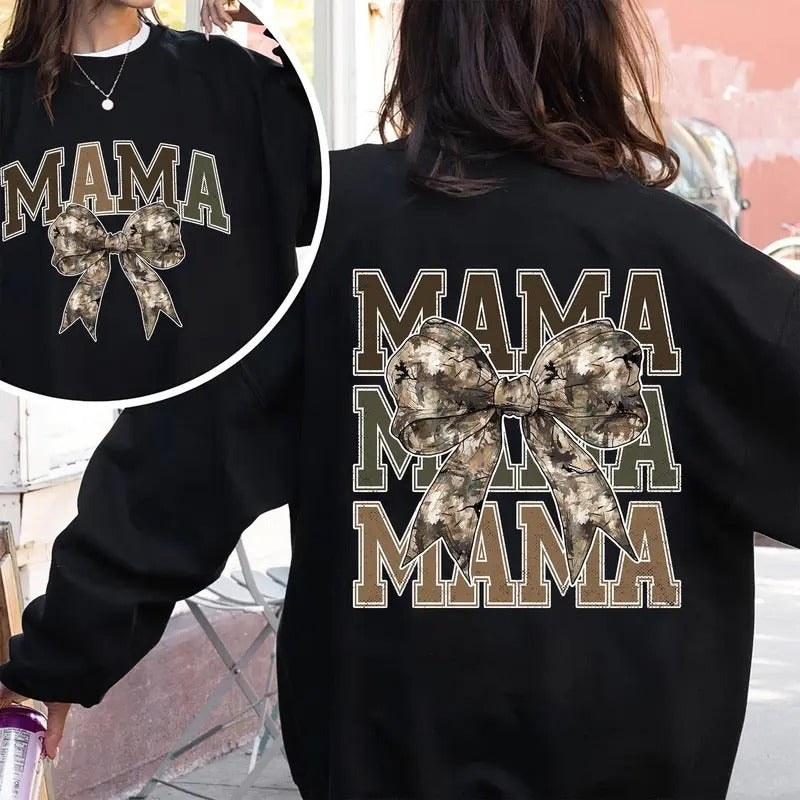 Mama Camo Coquette Bow 2 Sided Sweatshirt, Mama Camo Shirt, Girls Camo Bow Shirt, Retro Hunting Shirt Gift For Women Hoodie