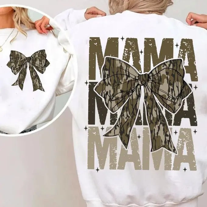 Mama Camo Coquette Bow Oversized Print 2 Sides Sweatshirt, Old School Camo Shirt, Retro Camo Coquette Bow Tee, Camo...