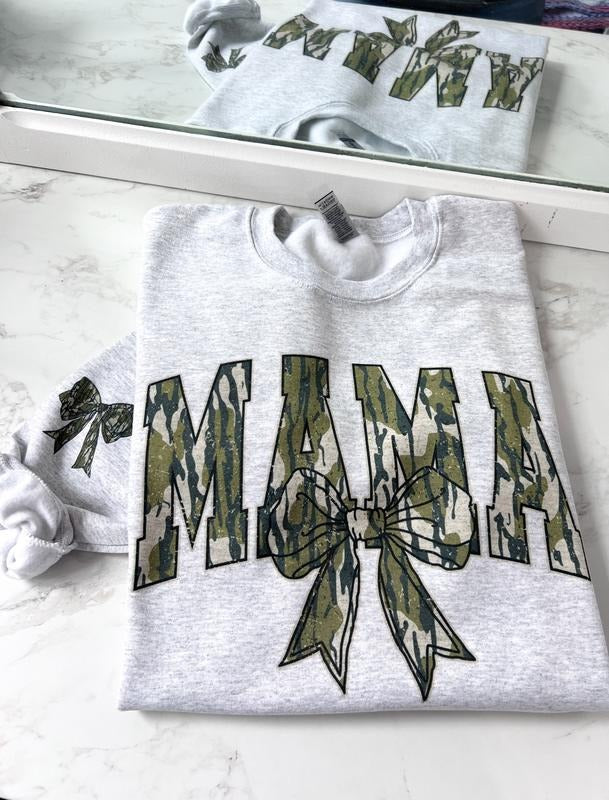 Mama Camo Coquette Bow with Sleeve, Front and Back Prints on Graphic Sweatshirt or Hoodie Unisex T-Shirt Womenswear...