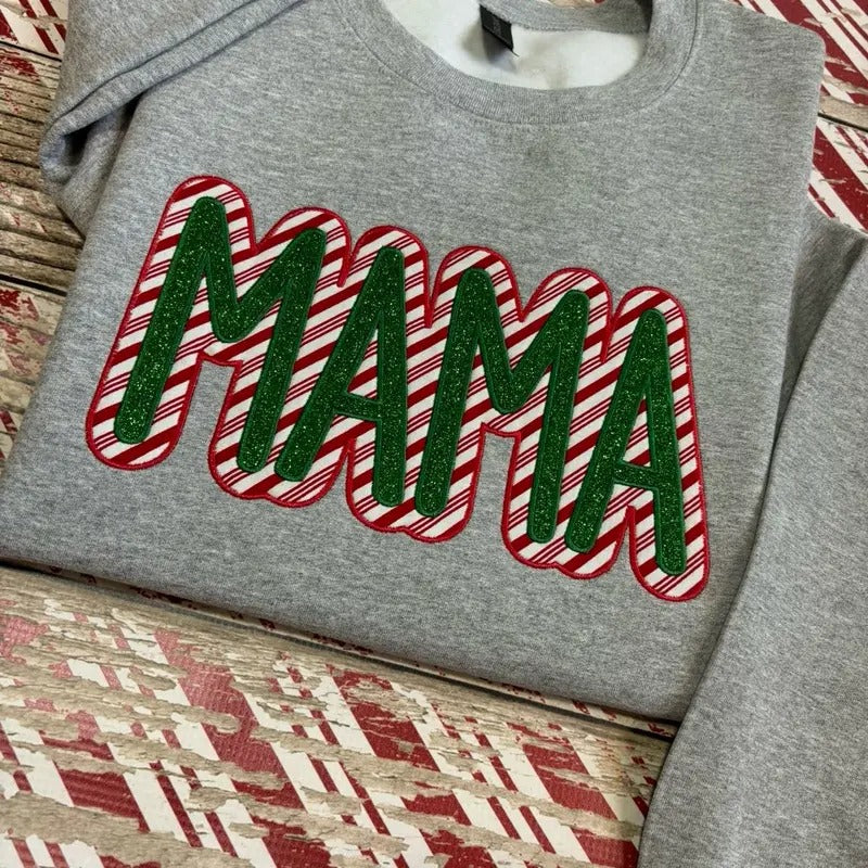 Mama Candy Cane Glitter Christmas Embroidered Crewneck Sweatshirt T-Shirts, Hoodie | TeeBloomCo.com