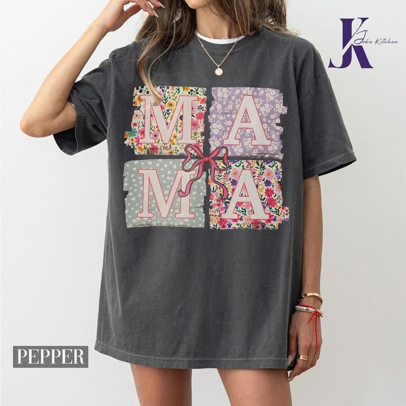 Mama Comfort Colors Shirt, Coquette Bow Mama T-Shirt, Floral Mom Tshirt, Spring Mama Shirt, Springtime Mom Tee, Mothers...